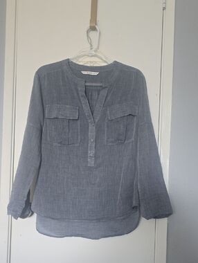 Trina Turk Slate Blue Split-Neck Utility Blouse